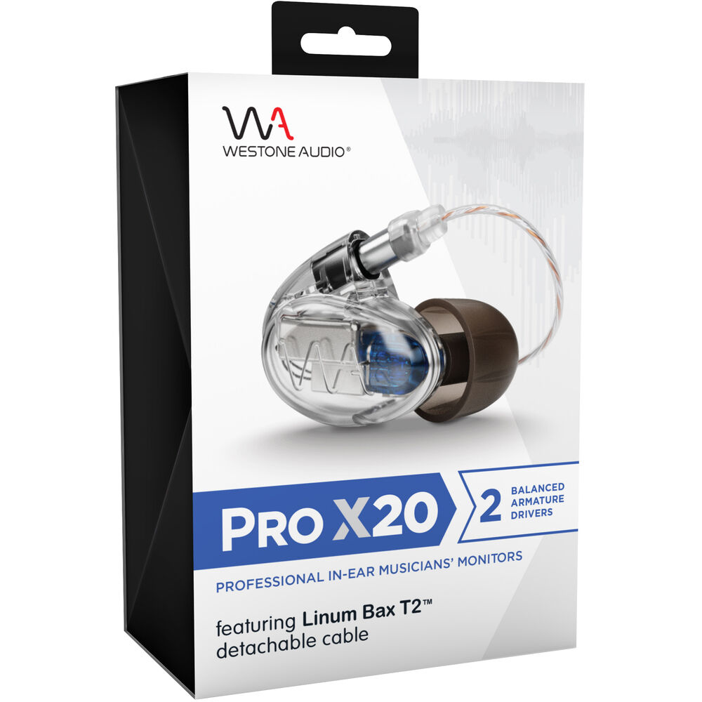 Westone PROX 20 Stock Freq City Sound The Pro X20 features two proprietary balanced-ar-mature drivers, with a two-way passive crossover. Developed to reproduce a large and enveloping sound, the Pro X20 has the range and output for any stage condition. The dual balanced-armature driver design delivers robust low end and crystal clear highs, with all the detail and nuance that profession-al musicians have come to expect from a Westone Audio in-ear monitor.