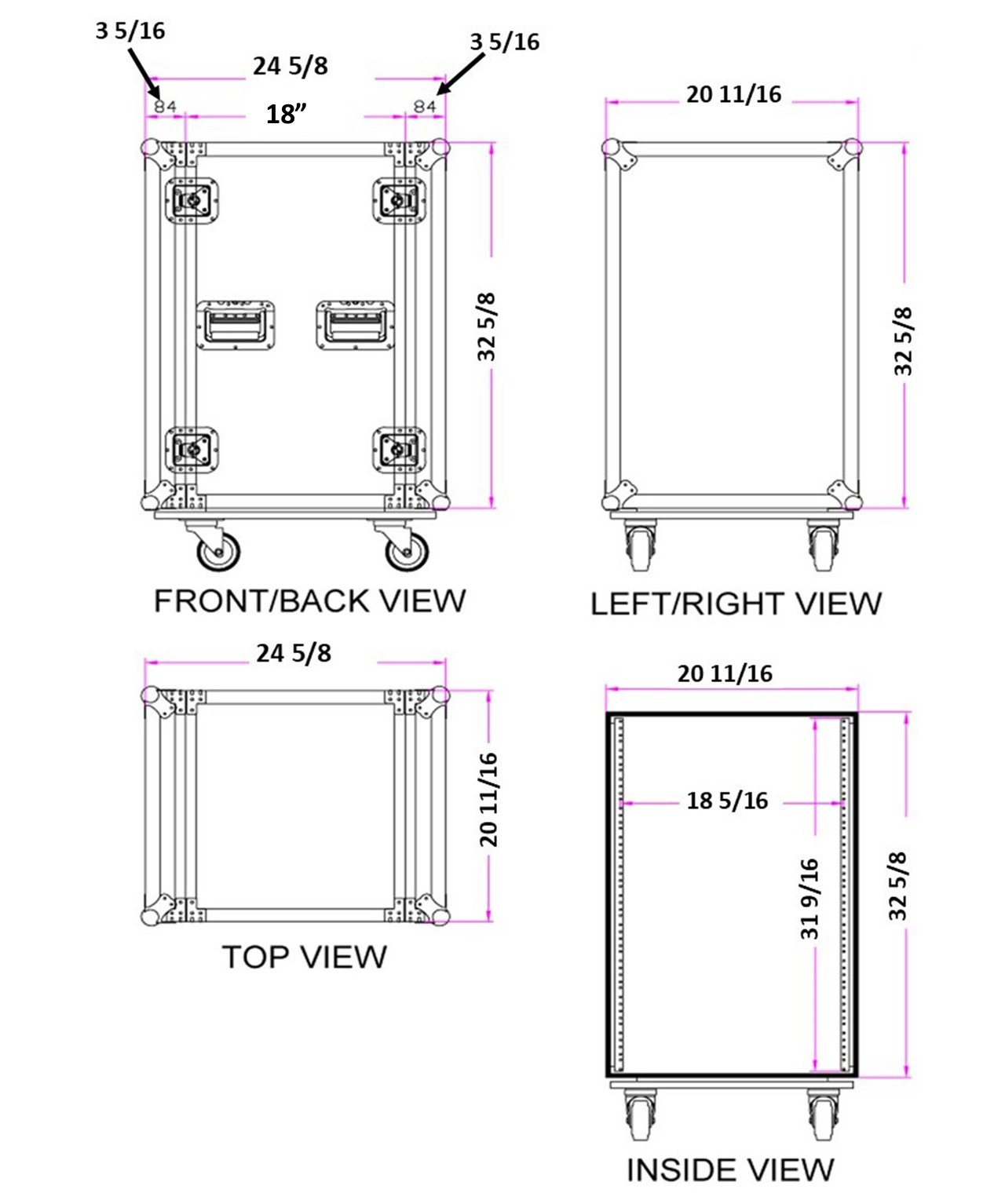 Freq City Sound 18 Space Rack Mount ATA Flight Case w/Casters $429 Measurements