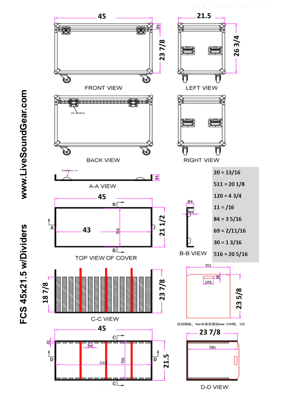 45" x 21.5" Truck Pack Road Case - Trunk $549 45x21.5 w/Dividers Measurements