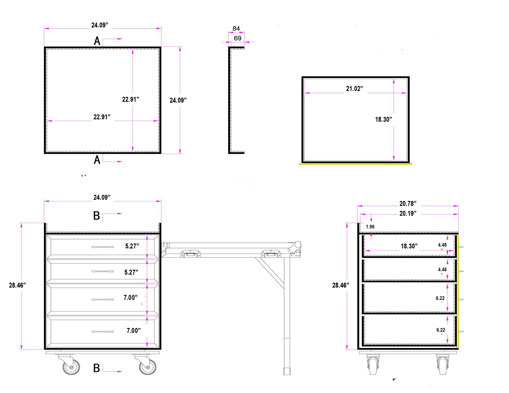 4 Drawer Work Box w/Table and Padded Flip Work Top mesurements in Inches