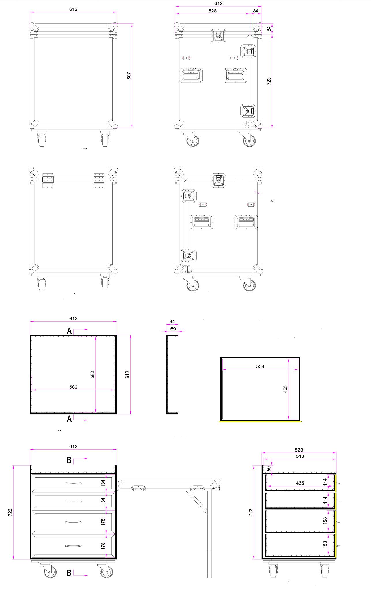 4 Drawer Work Box w/Table and Padded Flip Work Top Dimensions Measurements in CM