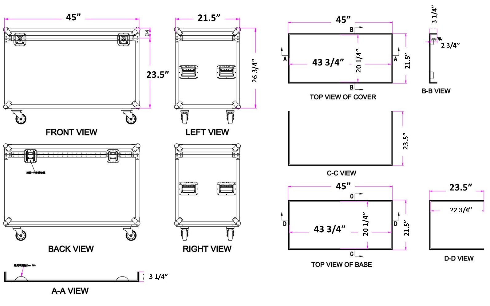 45" x 21.5" Road Case - Trunk Measurements