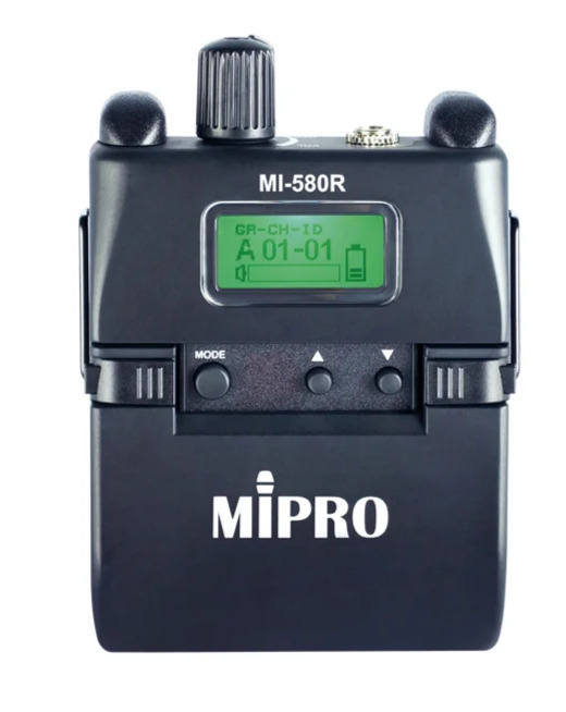 The MI-580R is a 5.8 GHz digital stereo in-ear monitor receiver offering low-latency Stereo and Mixed modes. It features flexible power options (two AA batteries or one 18500 Li-ion battery) and supports USB Type-C charging.