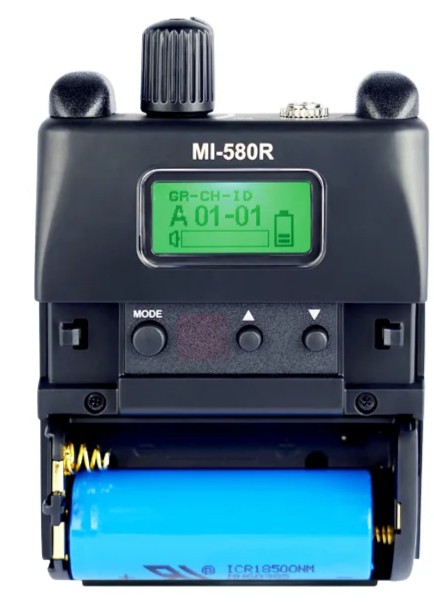 MI580R 5 GHz Digital Stereo Bodypack Receiver accommodates AA or Li-ion batteries, with USB Type-C charging