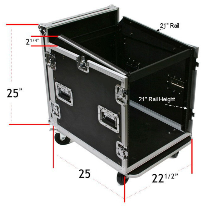 12 Space Mixer Top / 10 Space Amp Rack Bottom ATA cases for standard 19" rackmountable gear with a 12 space slanted top-mounted rack for 19" rackmountable mixers. Removable front, top and back covers. Ball corners, recessed spring-loaded handles, and aluminum edges on all models.