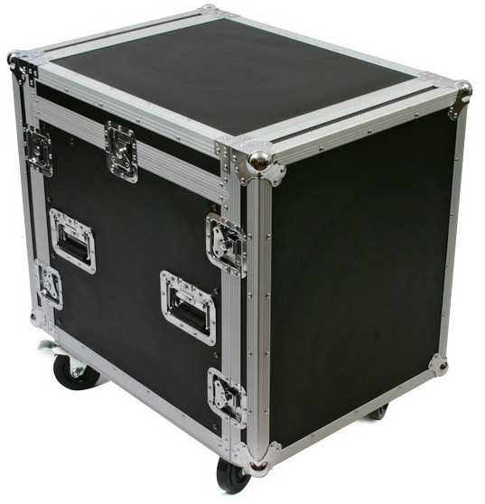 12 Space Mixer Top / 10 Space Amp Rack Bottom ATA cases for standard 19" rackmountable gear with a 12 space slanted top-mounted rack for 19" rackmountable mixers. Removable front, top and back covers. Ball corners, recessed spring-loaded handles, and aluminum edges on all models.