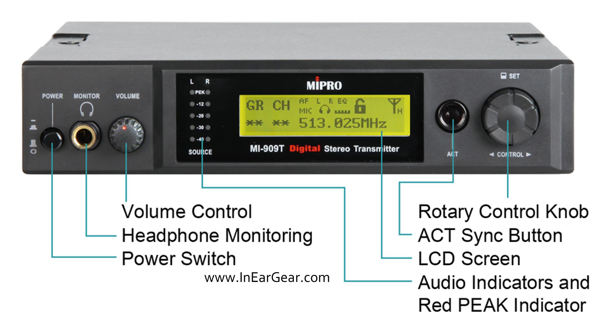 MIPRO MI909 DIGITAL WIRELESS IN-EAR MONITOR SYSTEM Transmitter controls
