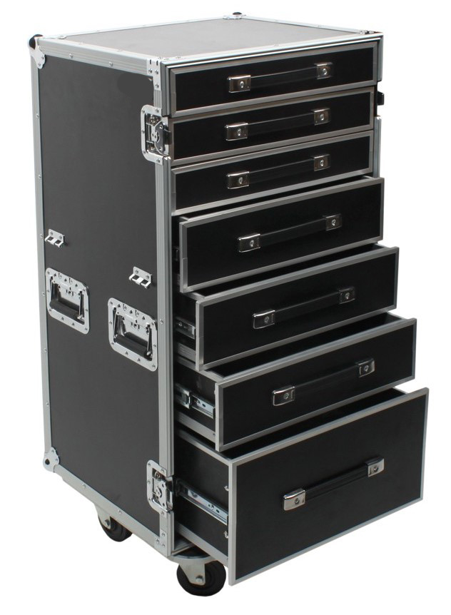     Rugged 3/8" Plywood with Black Laminate     Tongue and Groove Metal Railing with High-Impact Ball Corners     Industrial-Grade Rivets, Latches & Spring-Loaded Handles     7-Drawer Design with Attachable Standing Table Lid     Heavy Duty Soft-Glide Industrial Casters (2 locking)